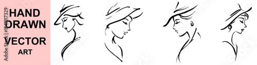 Stylish woman wearing hat minimal hand drawn sketch vector art profile portrait design, elegant black ink line fashion silhouette illustration for branding and beauty.