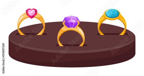 Cartoon rings. Precious golden rings on stand, glamorous gemstone jewelry flat vector illustration. Jewelry rings on white background