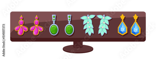 Earrings on jewelry stand. Precious gemstones and beads earrings, glamorous jewelry flat vector illustration. Cartoon jewelry on white background