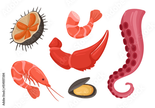 Fresh sea food. Cartoon oyster, shellfish and mussels, mediterranean diet flat vector illustration set. Tasty seafood menu