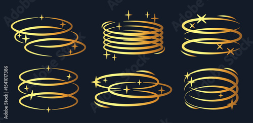 Gold ellipse shapes. Golden brutalist y2k oval frames with stars and sparkles, precious oval frames flat vector illustration set. Abstract rings symbols