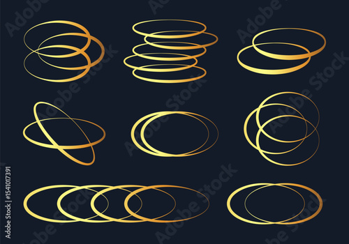 Golden oval frames. Gradient ellipse shapes, oval rings frames flat vector illustration set. Abstract aesthetic elements