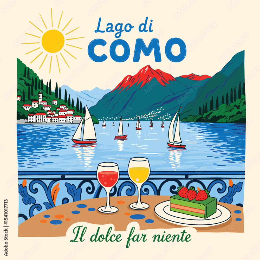 Watercolor hand painting itali sketch. beach graphic t shirt print design. Beach paradise resort. Endless summer artwork. Lago di como italian words typograpy t shirt. Food print t-shirt design.
