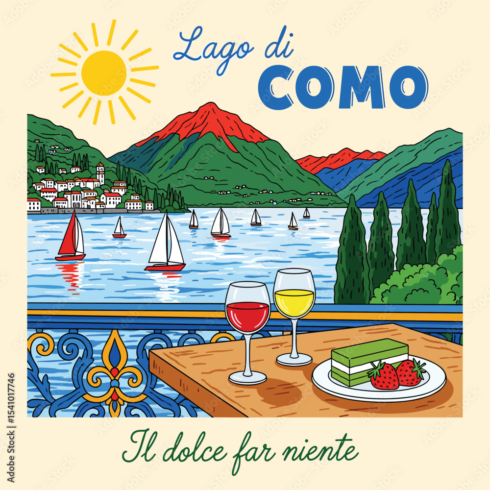 Watercolor hand painting itali sketch. beach graphic t shirt print design. Beach paradise resort. Endless summer artwork. Lago di como italian words typograpy t shirt. Food print t-shirt design.