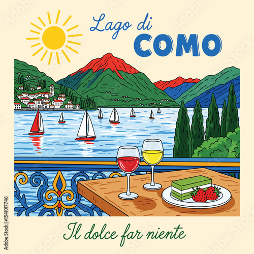 Watercolor hand painting itali sketch. beach graphic t shirt print design. Beach paradise resort. Endless summer artwork. Lago di como italian words typograpy t shirt. Food print t-shirt design.