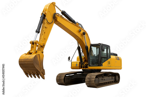 Yellow excavator heavy equipment with raised arms,white background,