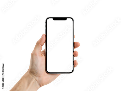 Hand holding a smartphone with a blank white screen, front view, white background,internet,hold,smart