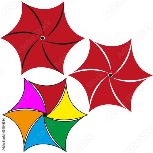 Color umbrella icons. Polygon segment shapes. Vector dotted centers. Red yellow detail.