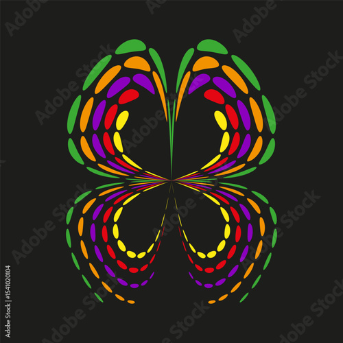 Color drop wings. Butterfly vector form. Rainbow dot symmetry. Black background burst.