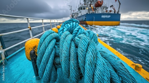 Ocean Voyage: A Close-Up of Turquoise Ropes on a Ship at Sea