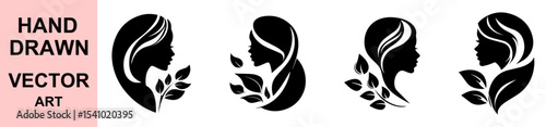 Hand drawn female profile with nature leaves, elegant woman silhouette beauty vector logo, eco-friendly organic spa wellness design illustration concept