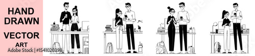 Stylish office coworker character vector sketch for business illustrations, teamwork themes, workplace concept, creative professions, startup, collaboration and communication environments.