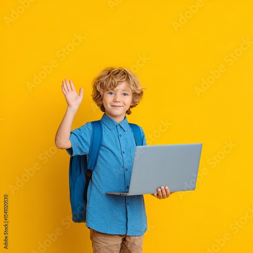 A young schoolboy with a backpack waves hello while holding a laptop computer