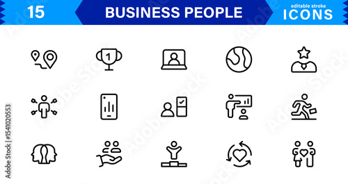 Business People Icon Set Representing Leadership, Teamwork, Meetings, Growth, and Success in a Minimalist, Professional, and Download-Ready Style