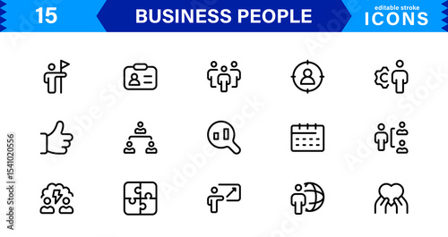 Business People Icon Set Representing Leadership, Teamwork, Meetings, Growth, and Success in a Minimalist, Professional, and Download-Ready Style