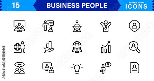 Business People Icon Set Representing Leadership, Teamwork, Meetings, Growth, and Success in a Minimalist, Professional, and Download-Ready Style