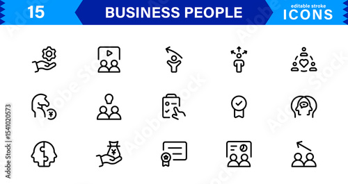 Business People Icon Set Representing Leadership, Teamwork, Meetings, Growth, and Success in a Minimalist, Professional, and Download-Ready Style