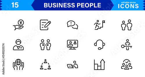 Business People Icon Set Representing Leadership, Teamwork, Meetings, Growth, and Success in a Minimalist, Professional, and Download-Ready Style