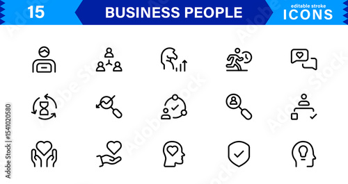 Business People Icon Set Representing Leadership, Teamwork, Meetings, Growth, and Success in a Minimalist, Professional, and Download-Ready Style