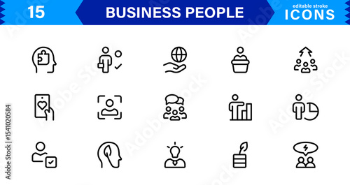 Business People Icon Set Representing Leadership, Teamwork, Meetings, Growth, and Success in a Minimalist, Professional, and Download-Ready Style