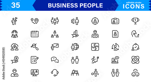 Business People Icon Set Representing Leadership, Teamwork, Meetings, Growth, and Success in a Minimalist, Professional, and Download-Ready Style