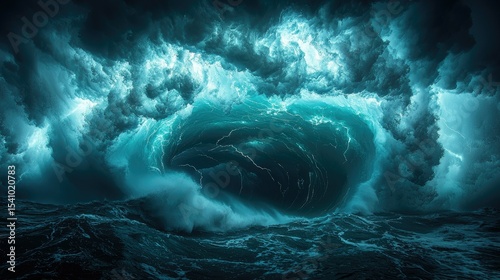 Ocean's Fury: A tempestuous sea,  a colossal wave illuminated by ethereal lightning, the power of nature unleashed.