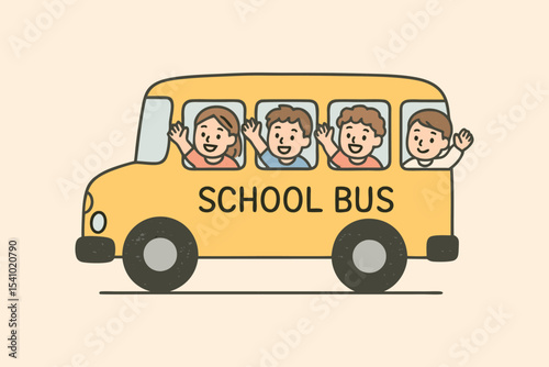 Cartoon doodle vector of a school bus with kids waving from windows, includes traffic signs and a cheerful mood.