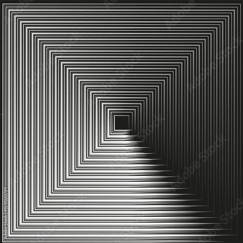 Gradient tunnel form. Monochrome depth illusion. Smooth vector spiral. Black hole effect.