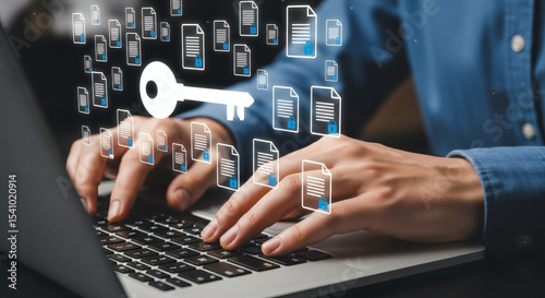Encryption Key Management and Secure Document Storage Solution | Data Encryption and Access Control for Document Security | Holographic Generative icon 