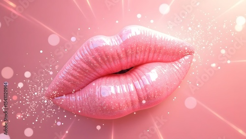 Closeup of glossy pink lips with sparkling glitter