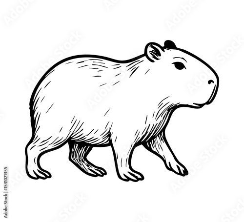 Hand-drawn vector illustration of a walking capybara in vintage engraving style. Black and white line art ideal for logos, labels, educational materials, prints, and wildlife-themed designs.