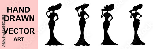 Elegant Silhouette Woman Wearing Hat and Gown Fashion Vector Art Design for Beauty, Boutique, Salon, Cosmetics, Feminine Luxury Style Branding and Advertising