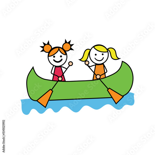 Children canoe trip. Summer adventure fun. Two kids playing. Colorful vector activity.