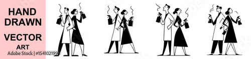 Scientists Couple Holding Spray Bottles Hand Drawn Vector Art for Research, Laboratory, Chemistry, Teamwork, Science Poster, Sterilization and Pandemic Awareness Concepts