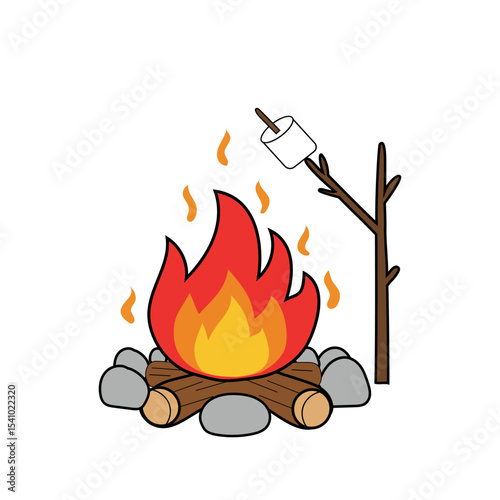 Outdoor campfire flames. Burning wood logs. Wilderness heating source. Vector nature light.