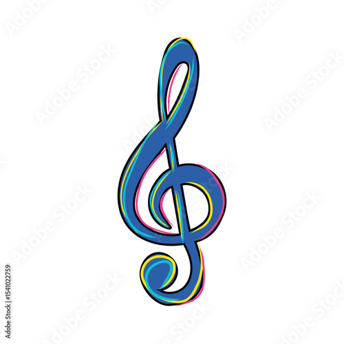 Music treble clef. Musical note symbol. Creative melody sign. Blue artistic element.