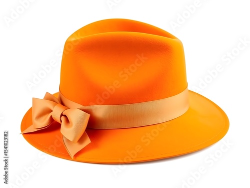 Stylish Orange Fedora Hat with Curved Brim and Ribbon Bow Isolated on White Background Fashion Accessory Ideal for Vintage Looks Elegant Style Editorial Shoots or Seasonal Style Concepts
