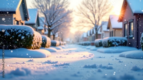 Serene winter snowfall in suburban neighborhood