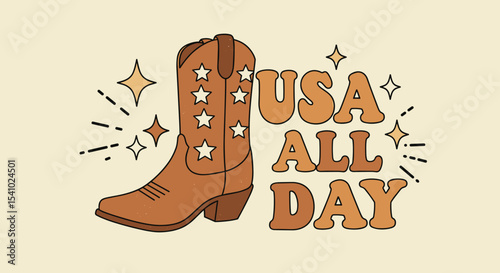 USA ALL DAY. Retro cowboy boot with stars, patriotic American graphic illustration for western country style.