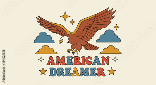 AMERICAN DREAMER. Retro illustration of a bald eagle flying amidst clouds and stars. Vintage patriotic graphic design ideal for prints and posters.