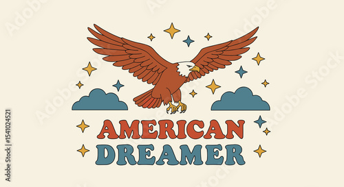 AMERICAN DREAMER. Retro patriotic illustration of a bald eagle flying with stars and clouds. Vintage Americana design for print.