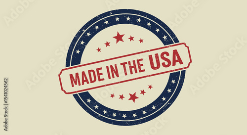MADE IN THE USA. Grunge rubber stamp seal. Retro vintage emblem with stars. American product origin label.