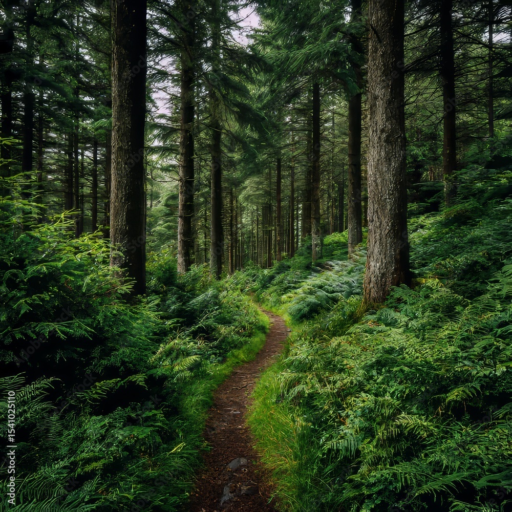 Fototapeta premium a serene path through a forest with tall dark green pine trees and thick underbrush of green ferns and shrubs