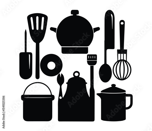 Minimalist Cooking Tools Silhouette Art Collection, Kitchenware Vector Elements, Monochrome Kitchen Equipment, Cooking Utensils and Cookware, Black Kitchen Tools Vector, Kitchen tools Icon Set.