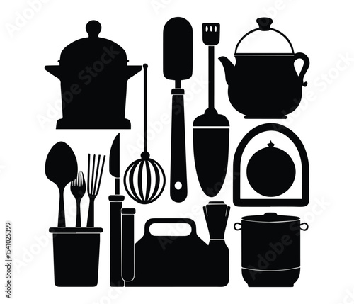 Minimalist Cooking Tools Silhouette Art Collection, Kitchenware Vector Elements, Monochrome Kitchen Equipment, Cooking Utensils and Cookware, Black Kitchen Tools Vector, Kitchen tools Icon Set.