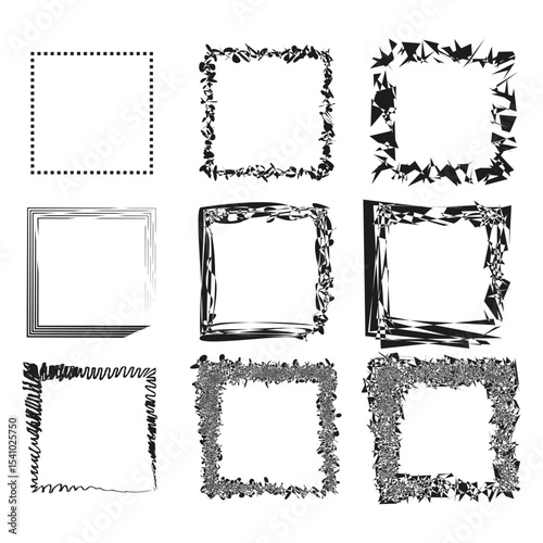 Grunge square frames. Distressed border elements. Rough texture design. Vector artistic set.