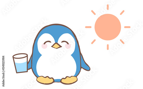 熱中症予防に水分補給をするかわいいペンギンのイラスト