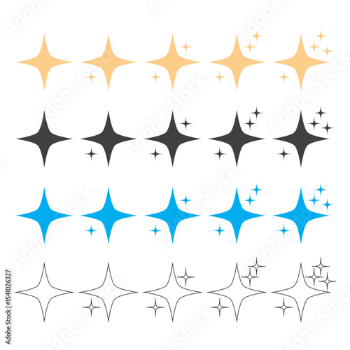 Vector Star Sparkle Set Outline Flat And Half Shadow