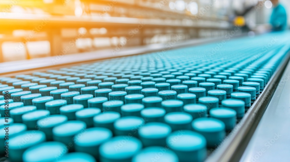 Fototapeta premium Automated Pharmaceutical Production Line Rows of Teal Medicine Bottles on Conveyor Belt