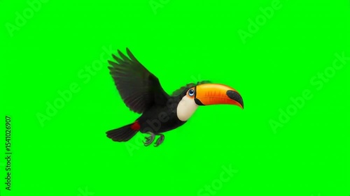Side View of Flying Toucan Flapping Wings on Green Screen Background, Generative AI